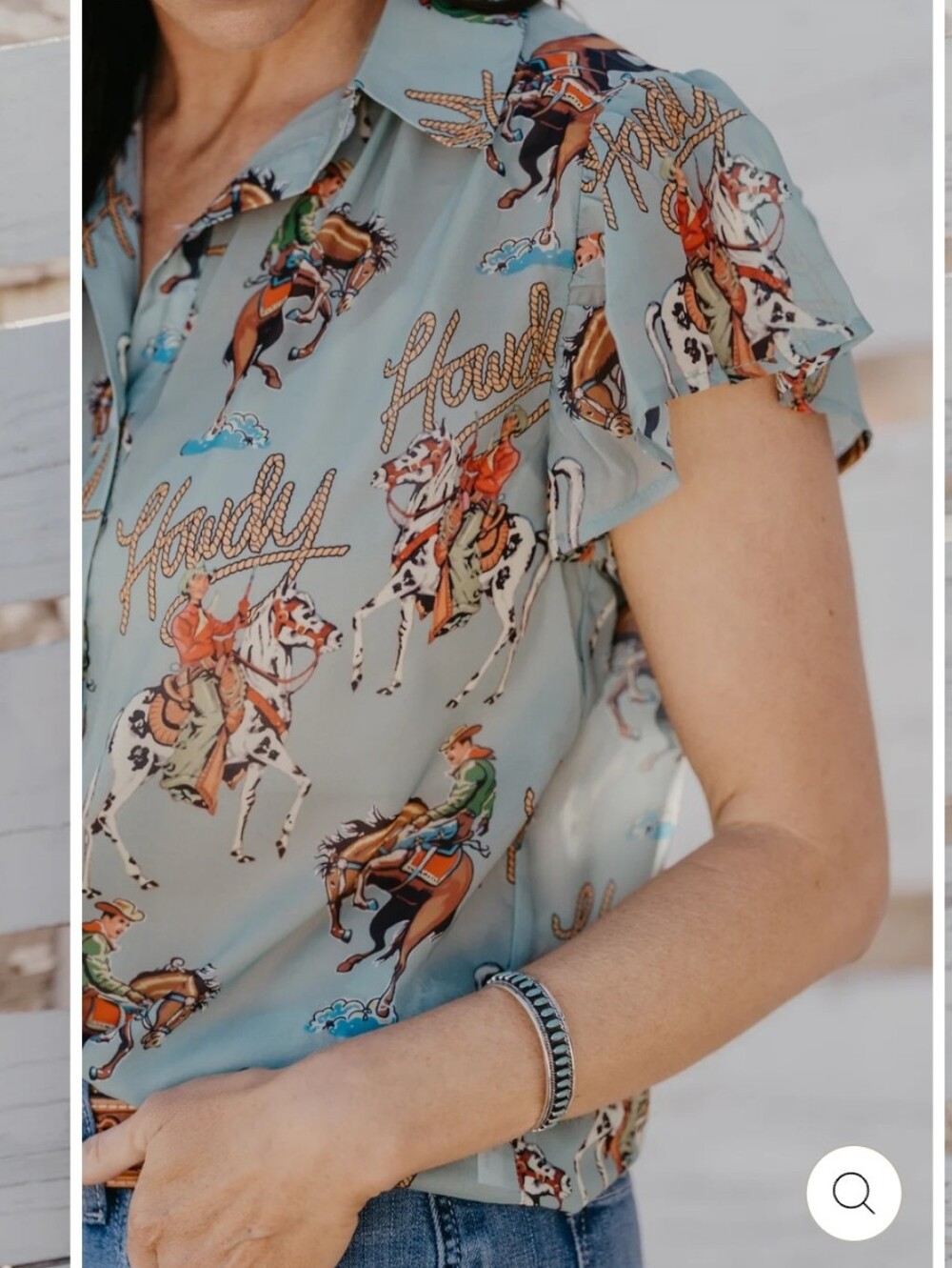 Turquoise Haven Howdy Flutter Sleeve Blouse Cowboys Buckin Broncs Howdy Top Med